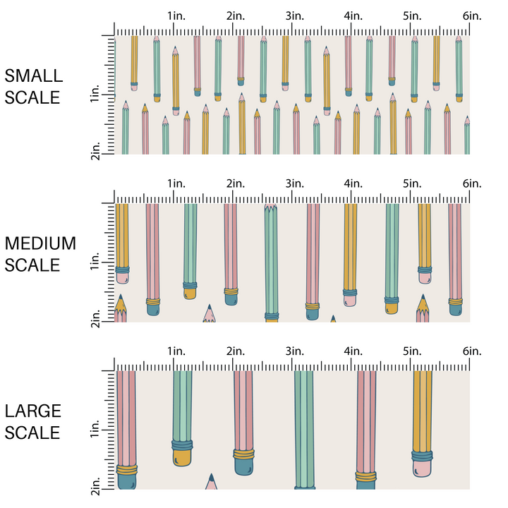Cream colored fabric by the yard with pink, yellow, and aqua colored pencils fabric by the yard scaled image guide.