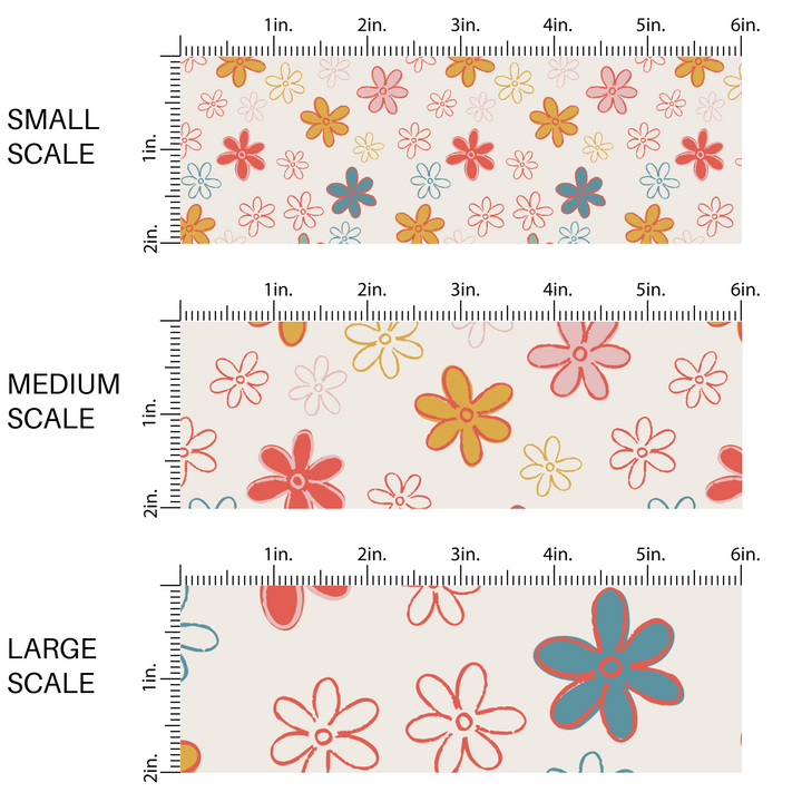 Cream fabric by the yard scaled image guide with pink, yellow, blue, red, and green doodled daisies.