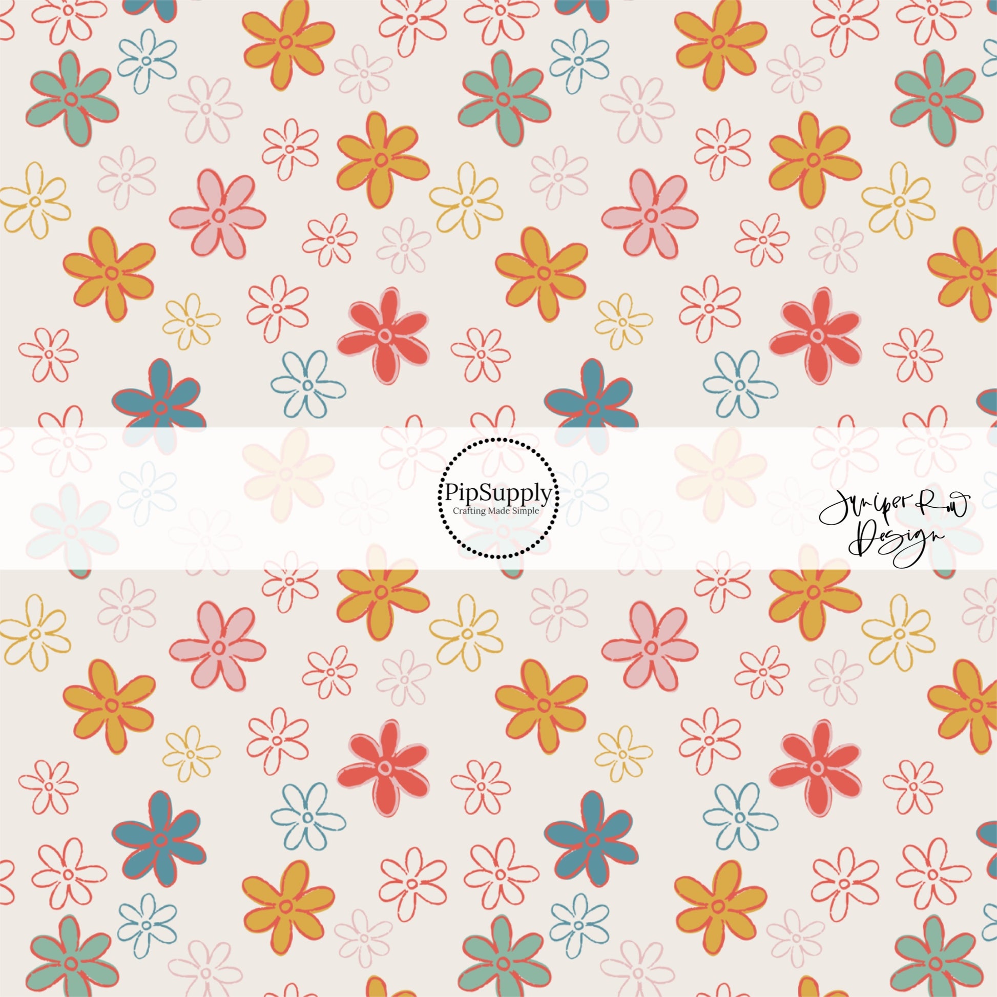 Cream fabric by the yard with pink, yellow, blue, red, and green doodled daisies.