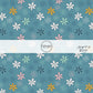 Blue fabric by the yard with pink, navy blue, white, and aqua doodled daisies.