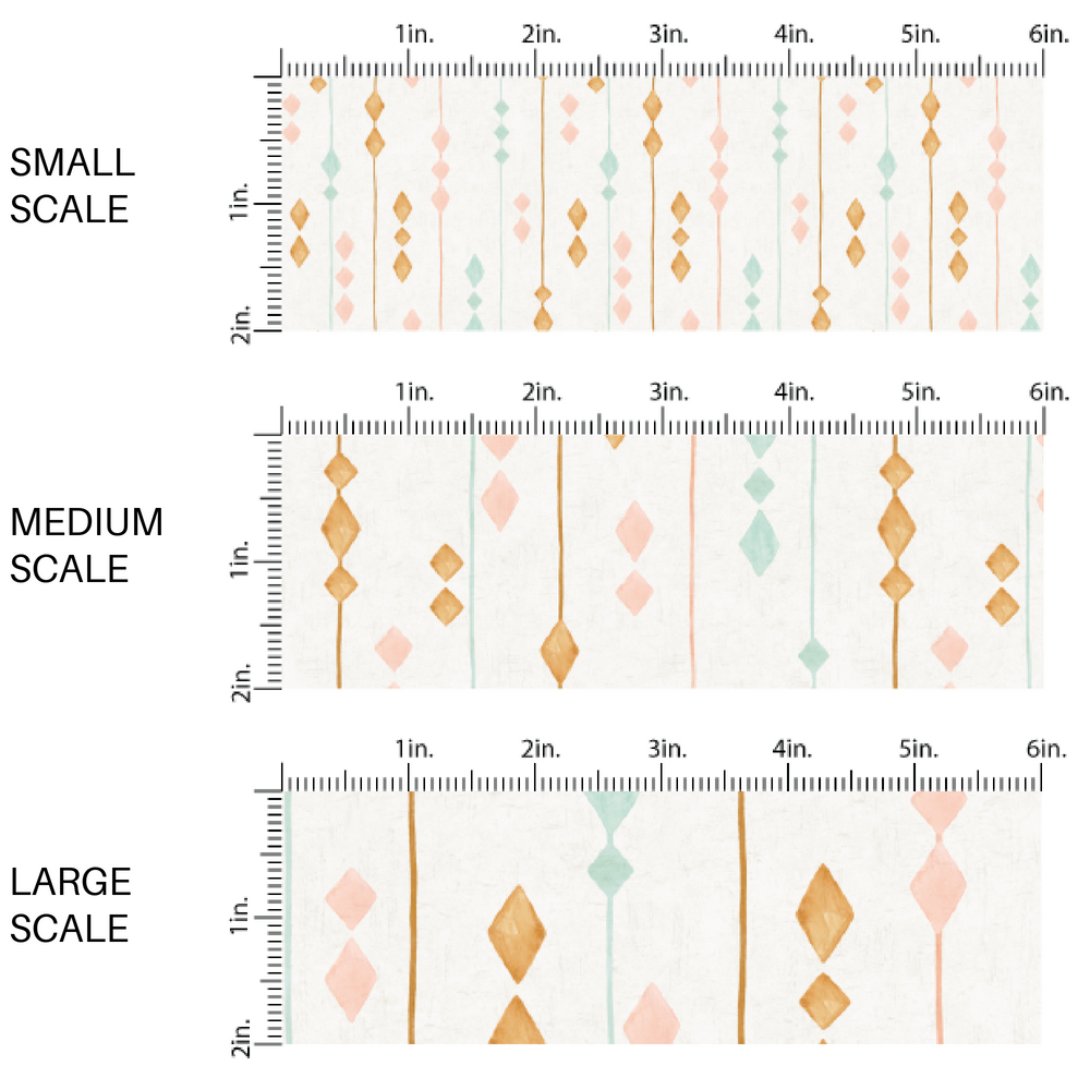 This scale chart of small scale, medium scale, and large scale of these boho stripe pattern themed fabric by the yard features boho multi diamond stripe pattern. This fun pattern fabric can be used for all your sewing and crafting needs!