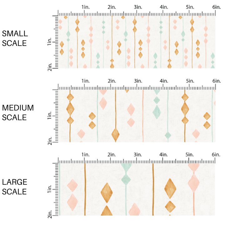 This scale chart of small scale, medium scale, and large scale of these boho stripe pattern themed fabric by the yard features boho multi diamond stripe pattern. This fun pattern fabric can be used for all your sewing and crafting needs!