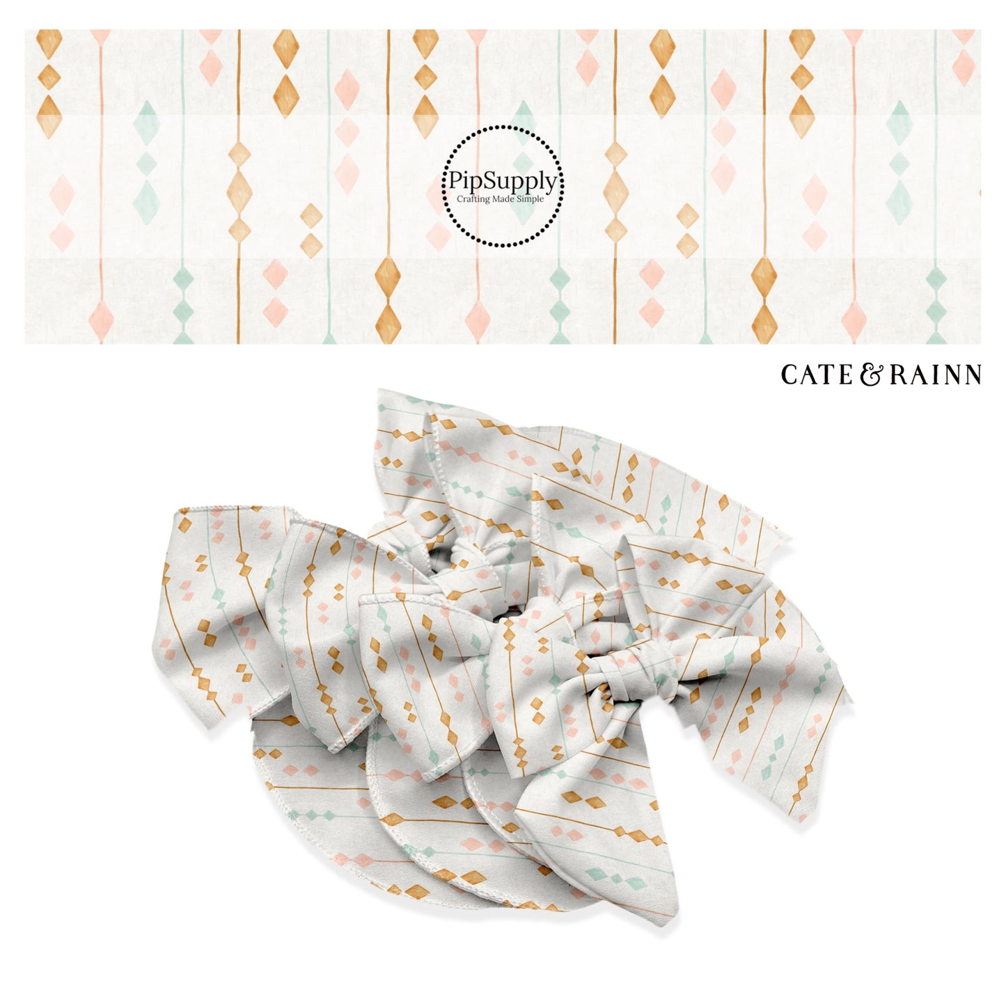 These boho stripe pattern themed no sew bow strips can be easily tied and attached to a clip for a finished hair bow. These bow strips are great for personal use or to sell. The bow strips features boho multi diamond stripe pattern. 