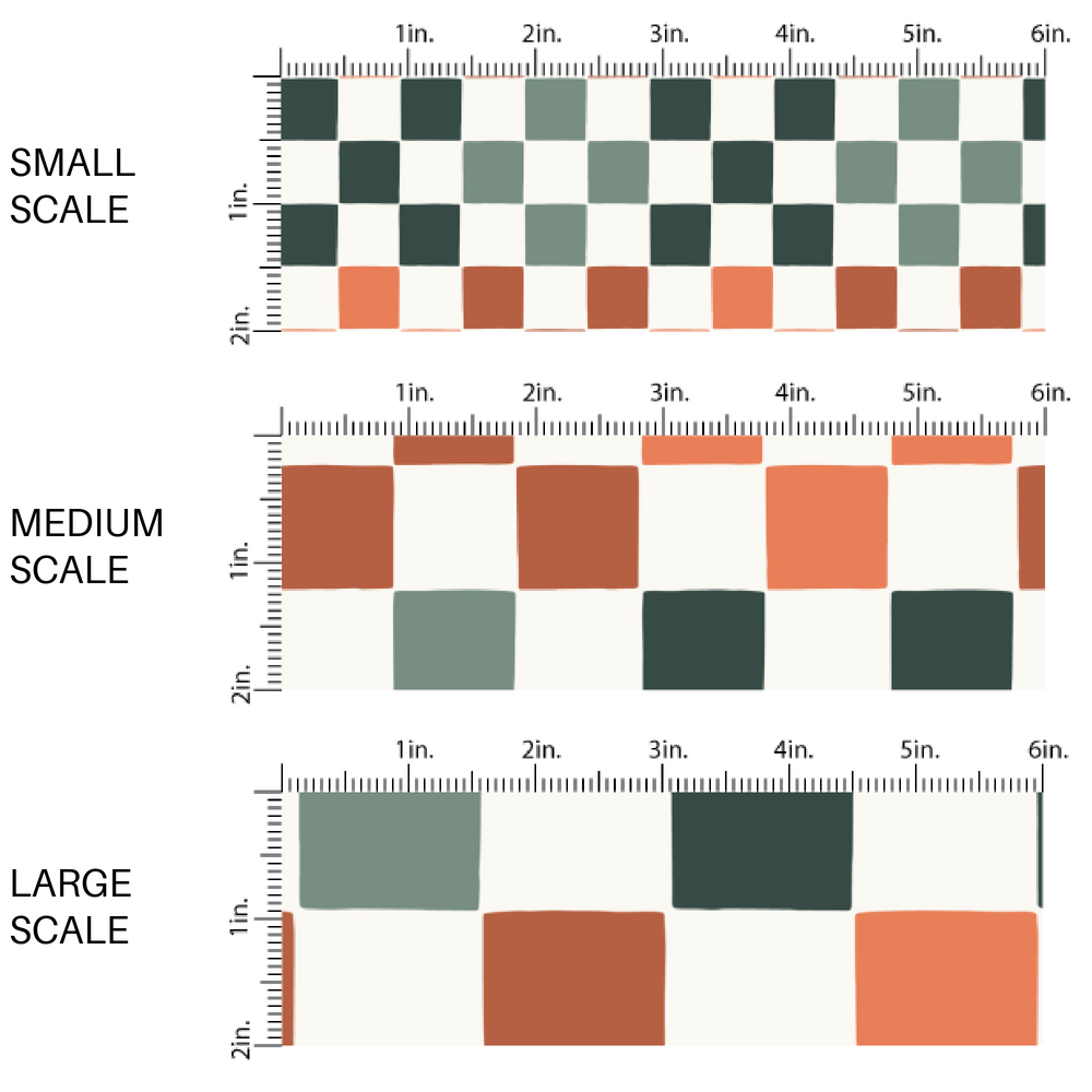 This scale chart of small scale, medium scale, and large scale of these fall themed fabric by the yard features cream, orange, and sage checkered pattern. This fun autumn themed fabric can be used for all your sewing and crafting needs!