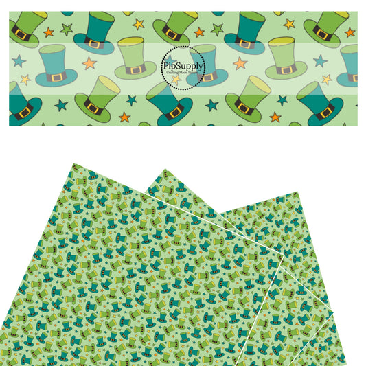 These St. Patrick's Day pattern themed faux leather sheets contain the following design elements: St. Patrick's Day leprechaun hats and stars on green. Our CPSIA compliant faux leather sheets or rolls can be used for all types of crafting projects.