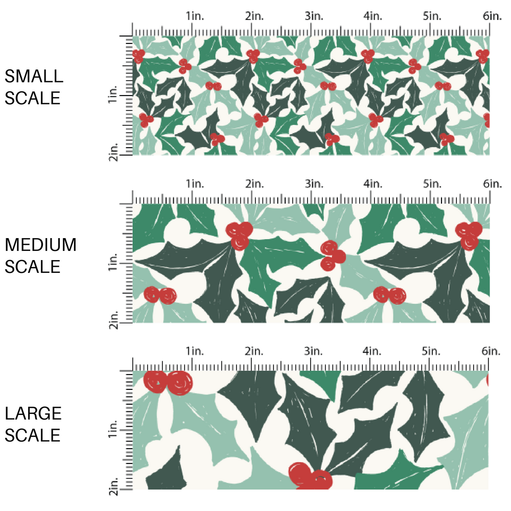 Multi green holly leaves and red berries on white fabric by the yard scaled image guide.