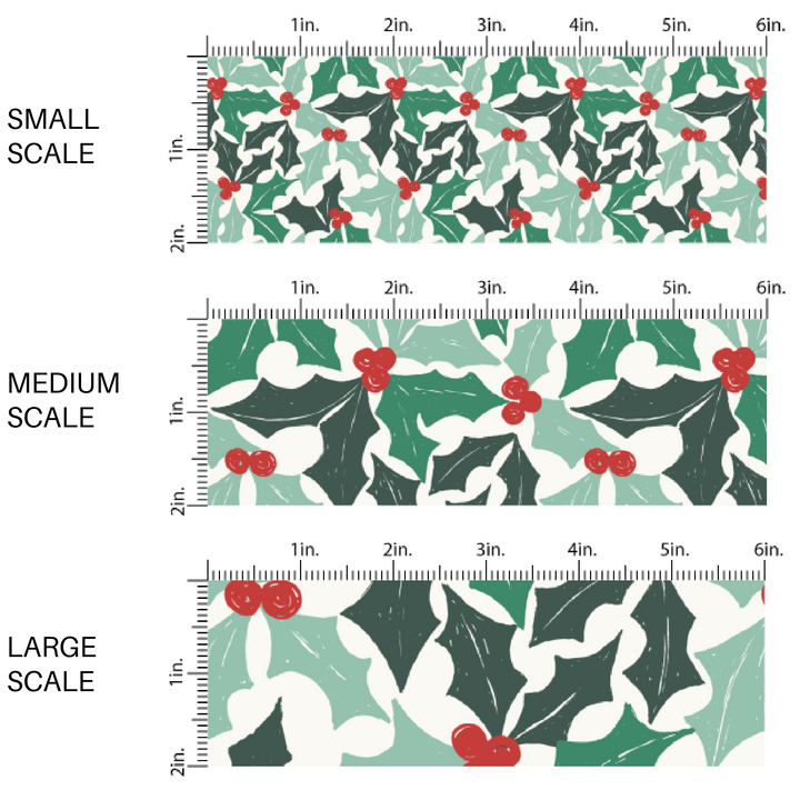 Multi green holly leaves and red berries on white fabric by the yard scaled image guide.