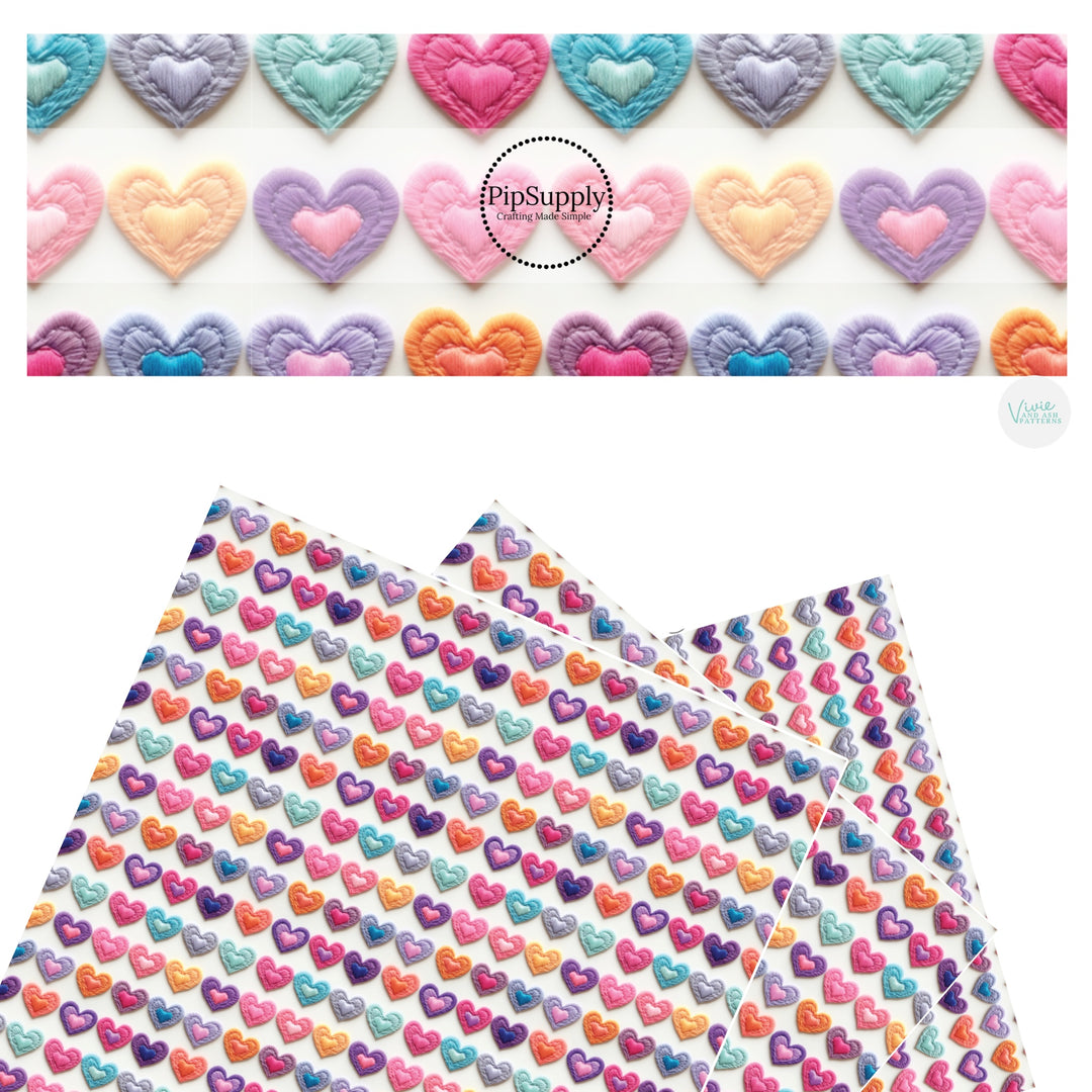 These embroidered faux leather sheets contain the following design elements: multi colored hearts on cream. Our CPSIA compliant faux leather sheets or rolls can be used for all types of crafting projects.