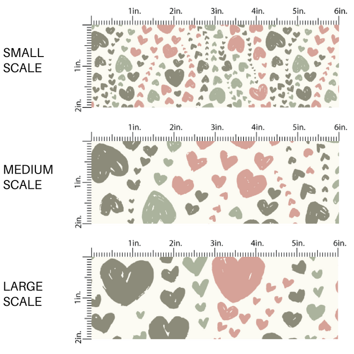 Green and Peach Heart Shaped Dinosaur Footprint's on Cream Fabric by the Yard scaled image guide.