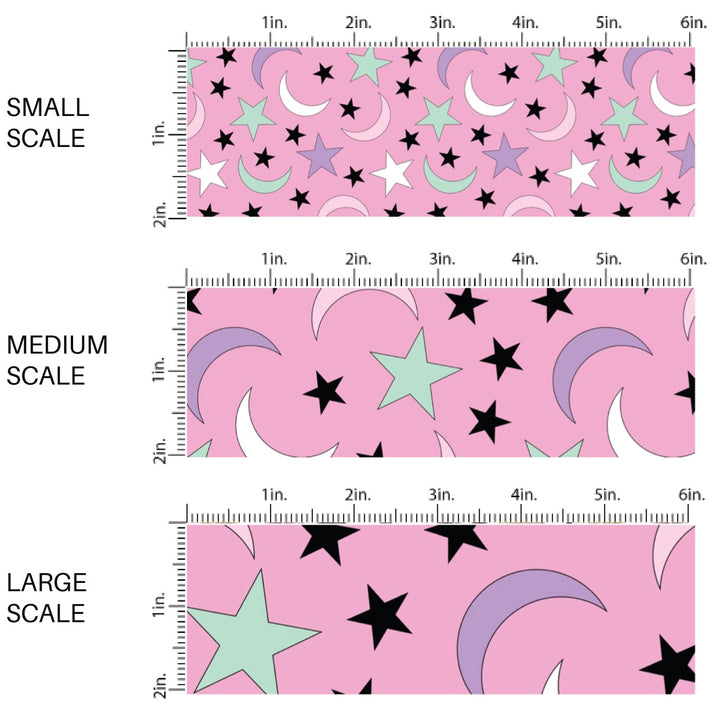 This scale chart of small scale, medium scale, and large scale of these Halloween themed pattern fabric by the yard features the following design elements: colorful stars and moons on light pink. This fun spooky themed fabric can be used for all your sewing and crafting needs!