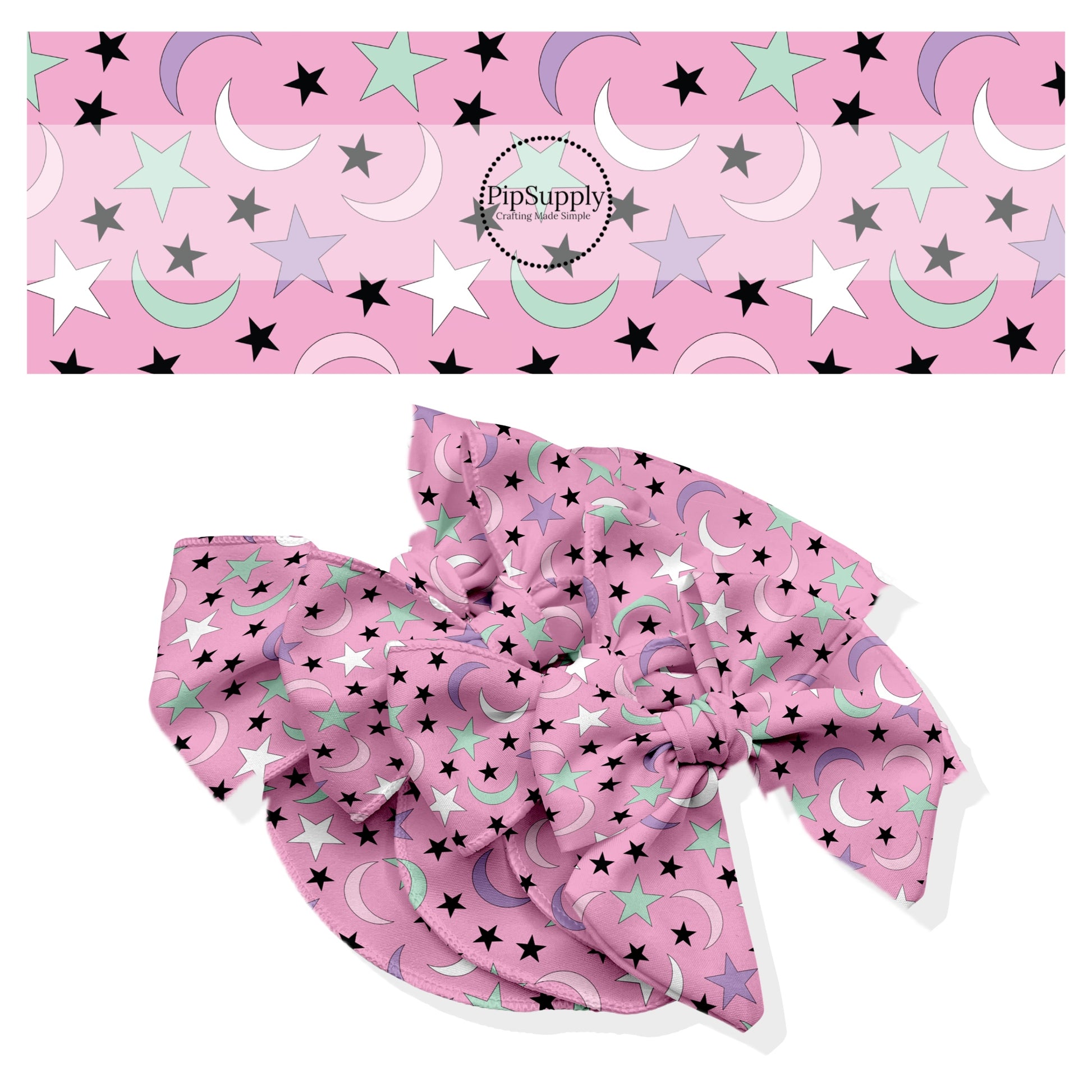 These Halloween themed no sew bow strips can be easily tied and attached to a clip for a finished hair bow. These fun spooky patterned bow strips are great for personal use or to sell. These bow strips feature the following design elements: colorful stars and moons on light pink.