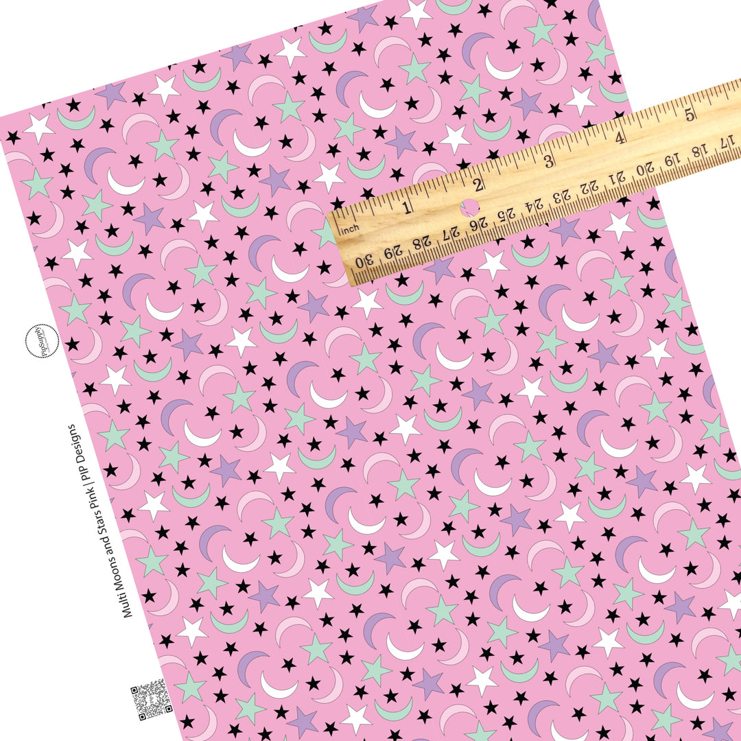 These Halloween themed pattern faux leather sheets contain the following design elements: colorful stars and moons on light pink. Our CPSIA compliant faux leather sheets or rolls can be used for all types of crafting projects.