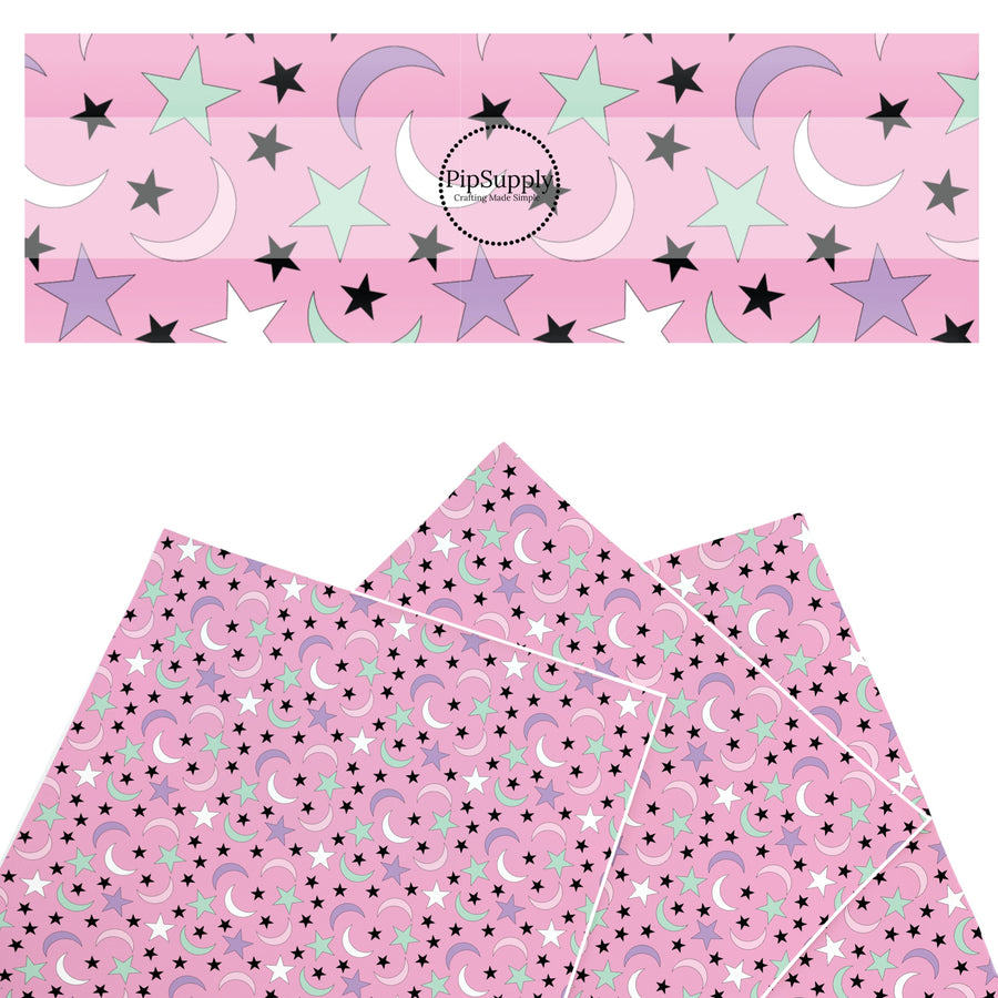 These Halloween themed pattern faux leather sheets contain the following design elements: colorful stars and moons on light pink. Our CPSIA compliant faux leather sheets or rolls can be used for all types of crafting projects.