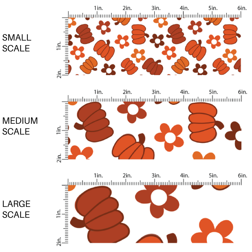 White fabric by the yard scaled image guide with range and rust colored pumpkins and flowers.