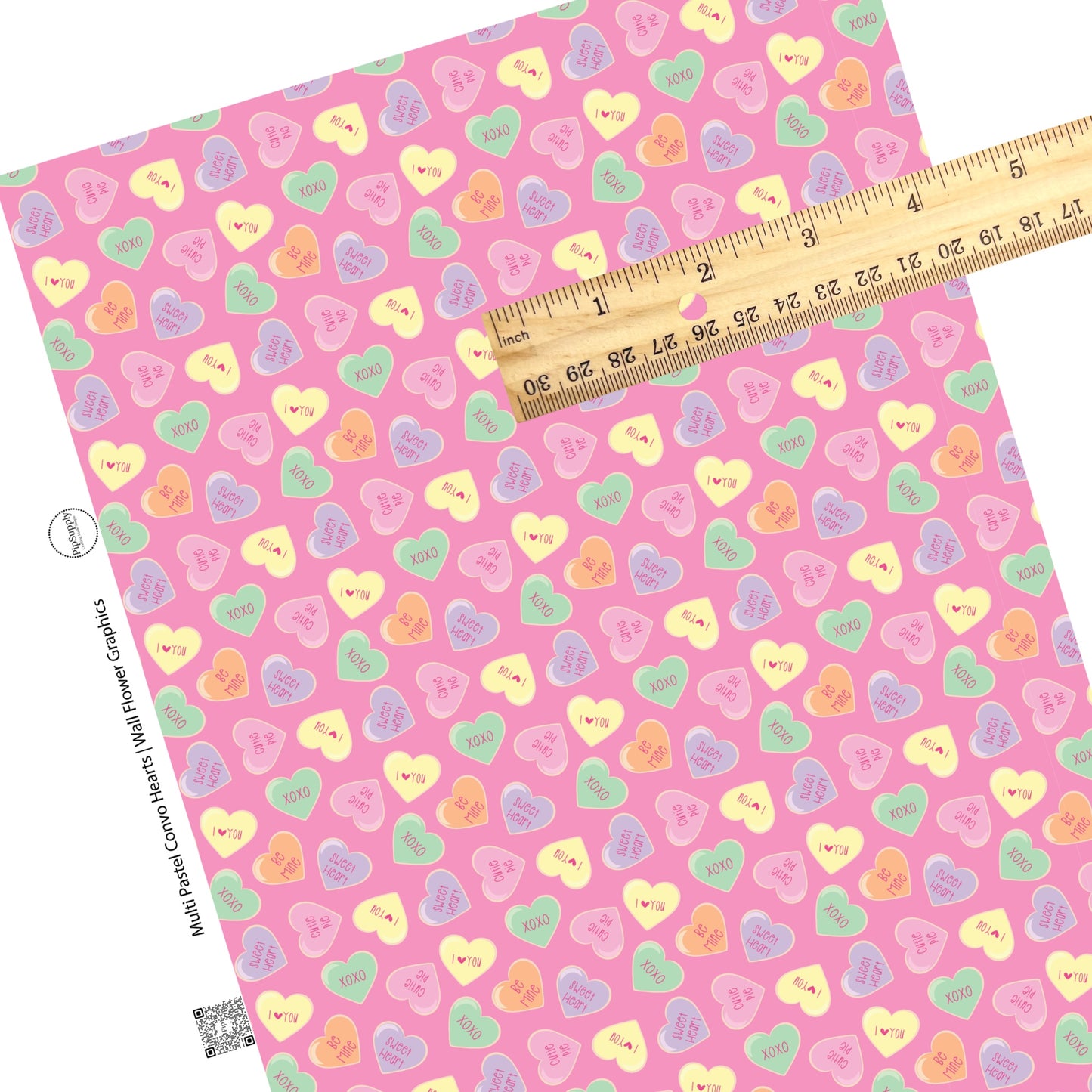 These Valentine's pattern themed faux leather sheets contain the following design elements: pastel colored conversation hearts on pink. Our CPSIA compliant faux leather sheets or rolls can be used for all types of crafting projects.
