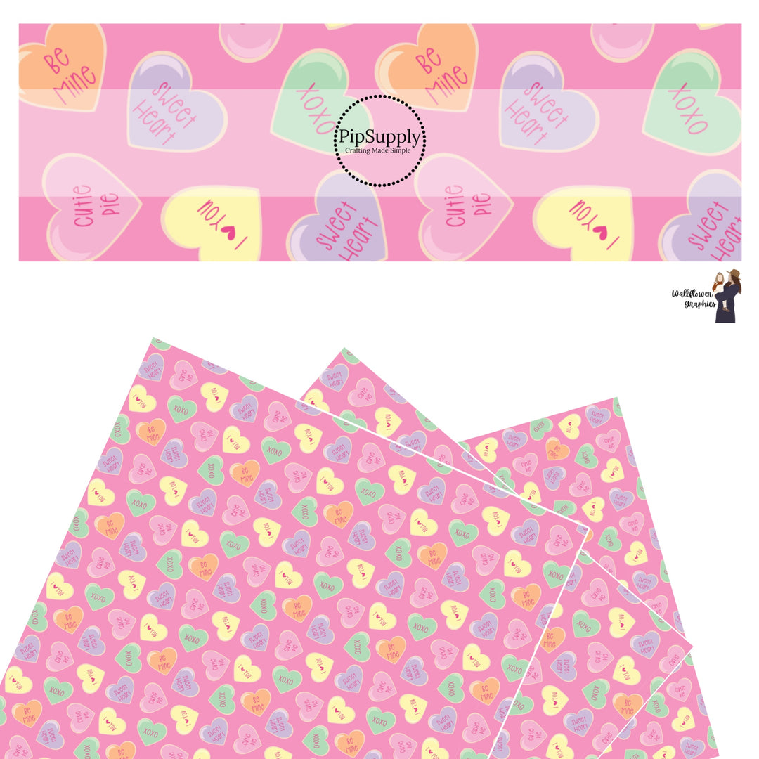 These Valentine's pattern themed faux leather sheets contain the following design elements: pastel colored conversation hearts on pink. Our CPSIA compliant faux leather sheets or rolls can be used for all types of crafting projects.