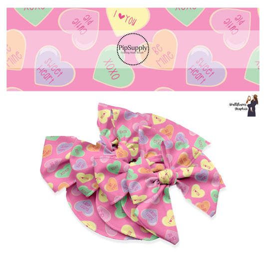These Valentine's pattern themed no sew bow strips can be easily tied and attached to a clip for a finished hair bow. These Valentine's Day bow strips are great for personal use or to sell. These bow strips feature pastel colored conversation hearts on pink. 