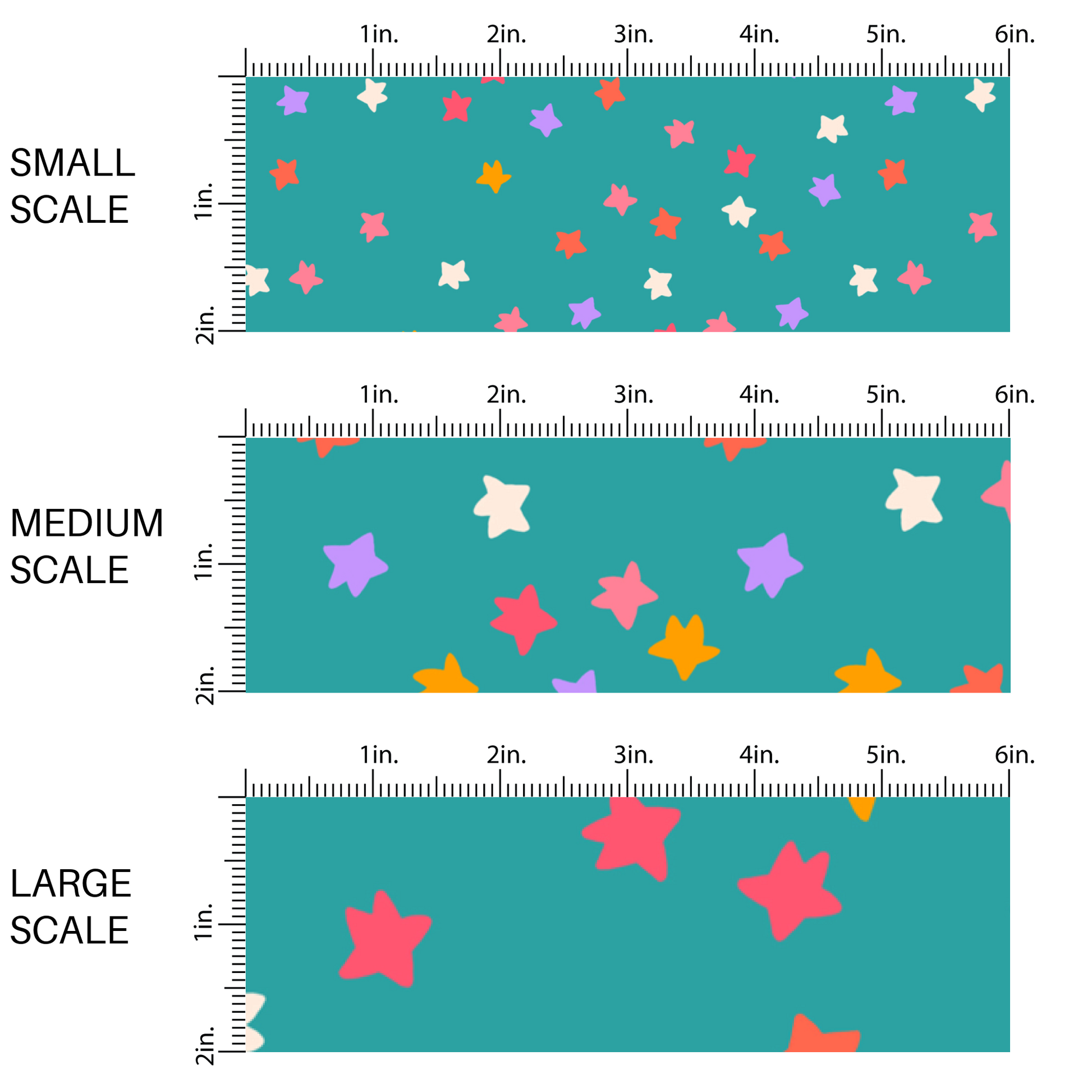Teal fabric by the yard scaled image guide with white, pink, yellow, pink, and purple scattered stars.
