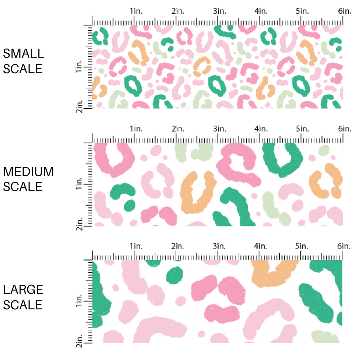 Pink, Peach, and Green Leopard Print on White Fabric by the Yard scaled image guide.