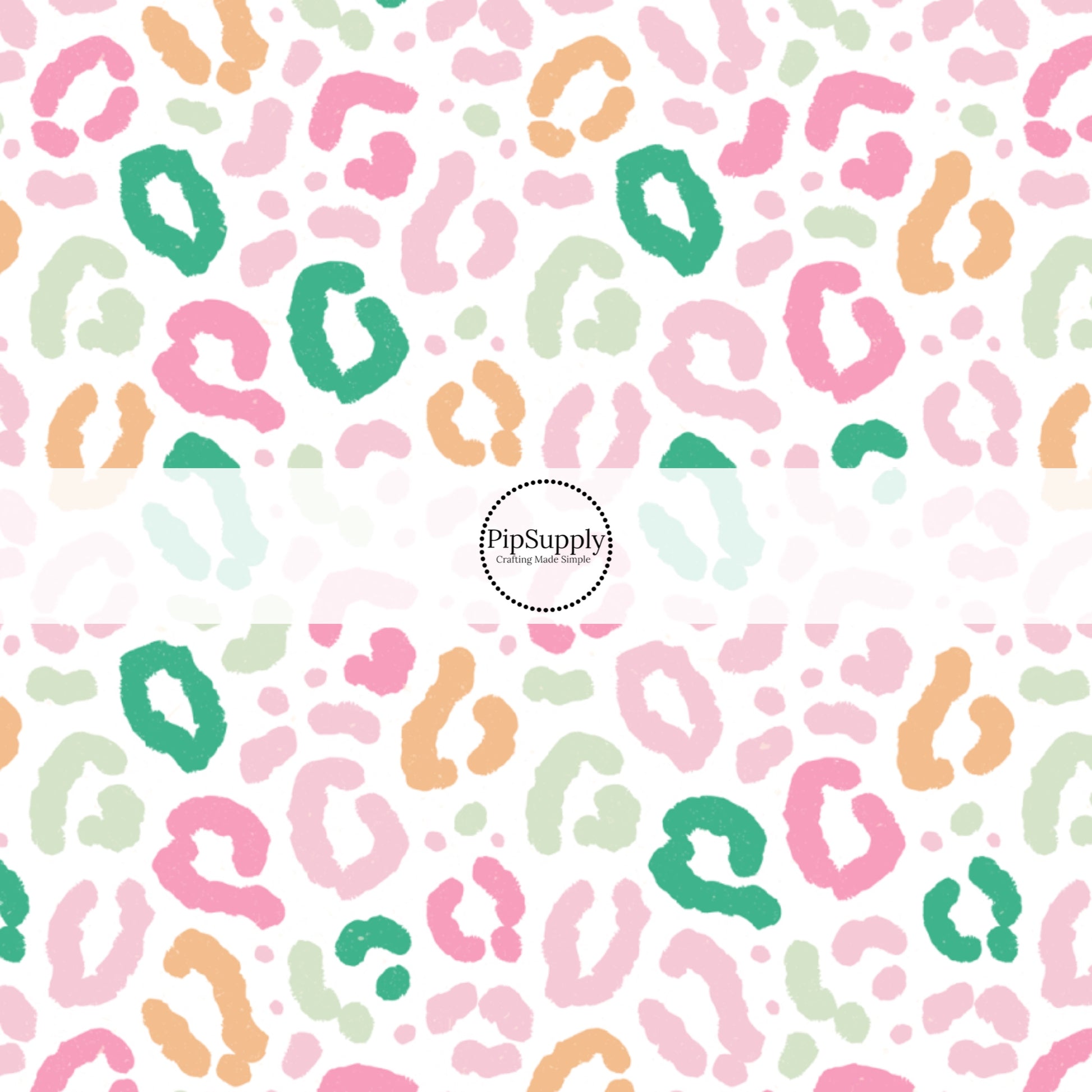 Pink, Peach, and Green Leopard Print on White Fabric by the Yard.