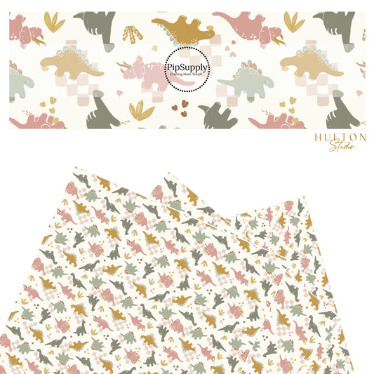 These Valentine's Day pattern themed faux leather sheets contain the following design elements: dusty rose, taupe, and light green dinosaurs surrounded with tiny hearts on ivory. Our CPSIA compliant faux leather sheets or rolls can be used for all types of crafting projects.
