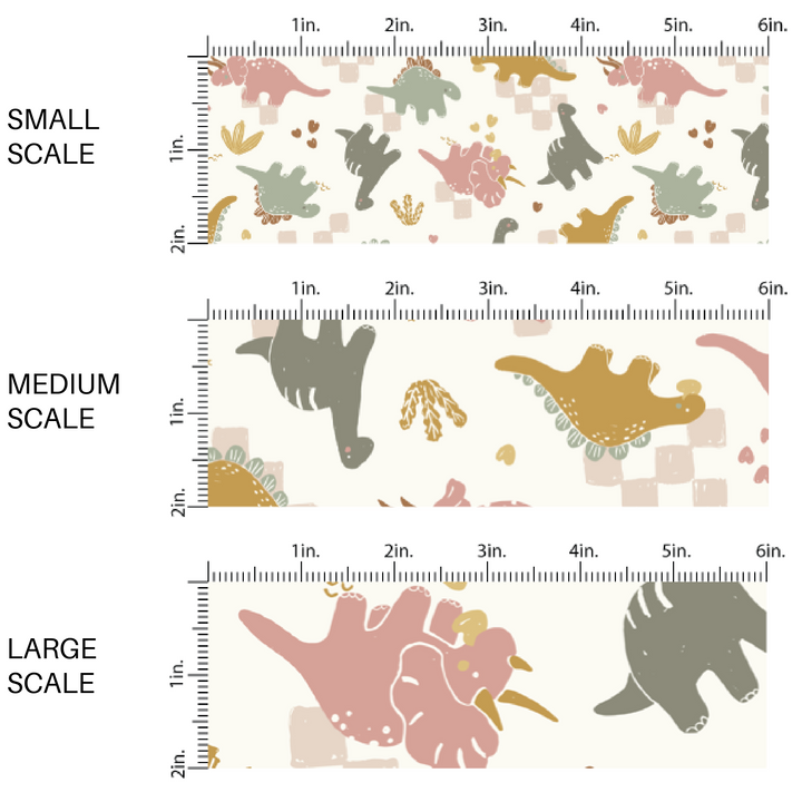 Muted Colored Dinosaurs and Hearts on Cream Fabric by the Yard scaled image guide.