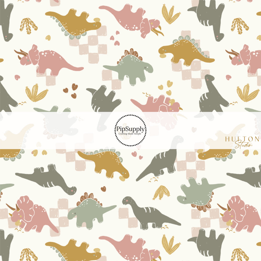 Muted Colored Dinosaurs and Hearts on Cream Fabric by the Yard