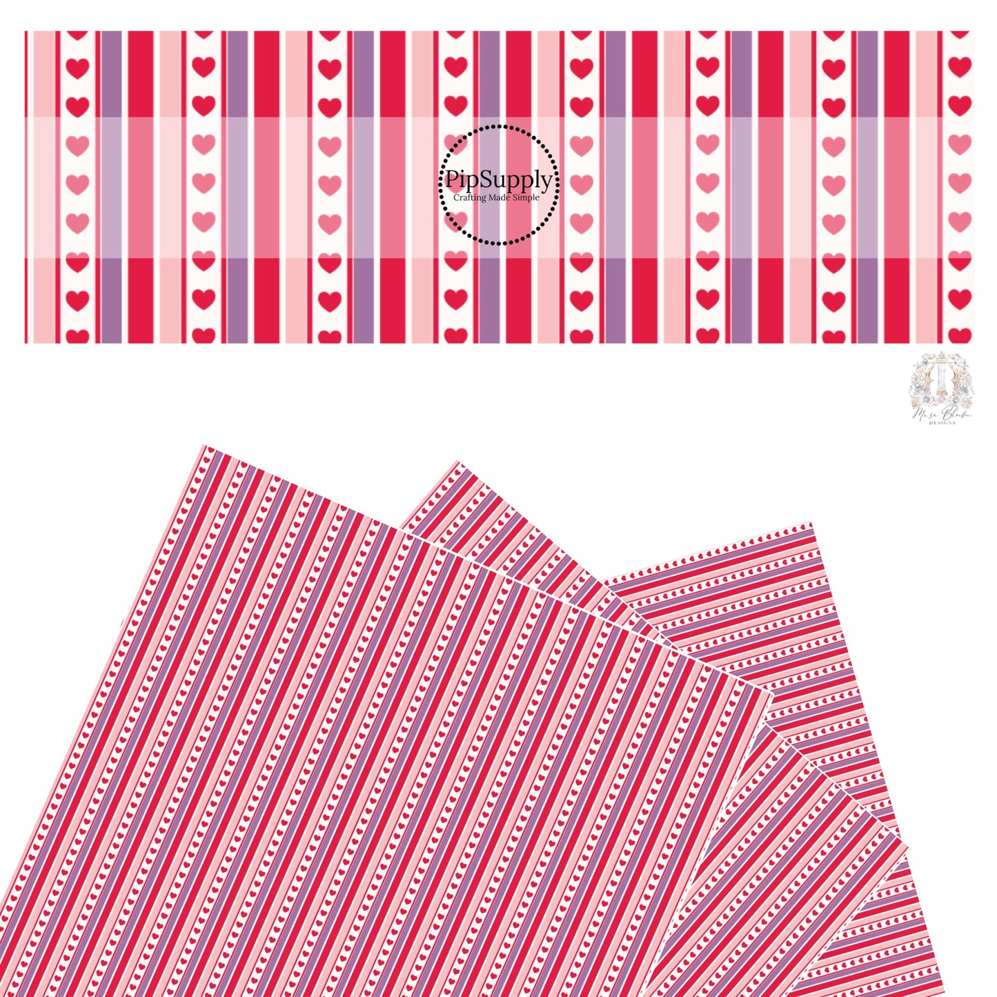 These Valentine's pattern themed faux leather sheets contain the following design elements: rows of red, purple, and pink strips with tiny red hearts on white. Our CPSIA compliant faux leather sheets or rolls can be used for all types of crafting projects.