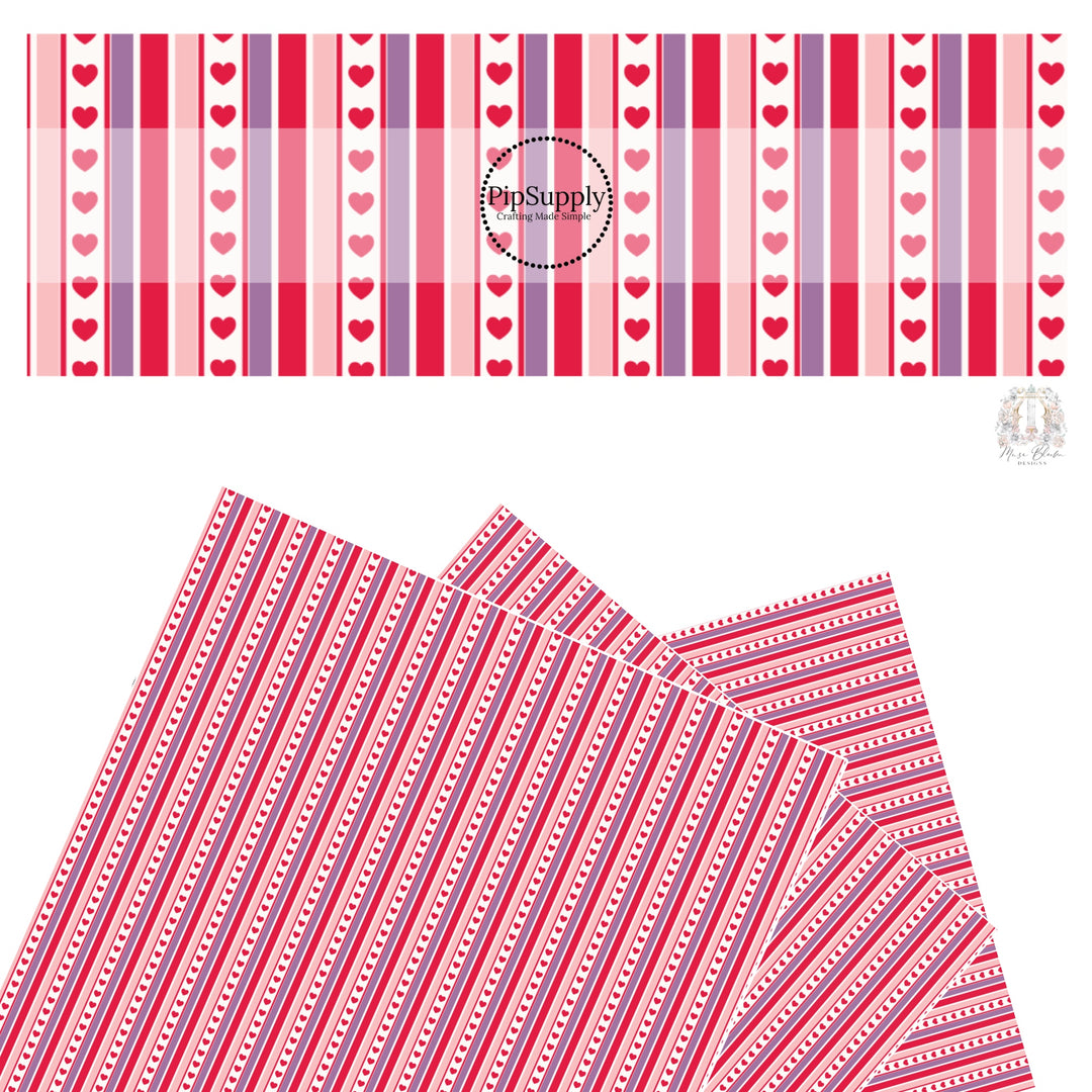 These Valentine's pattern themed faux leather sheets contain the following design elements: rows of red, purple, and pink strips with tiny red hearts on white. Our CPSIA compliant faux leather sheets or rolls can be used for all types of crafting projects.