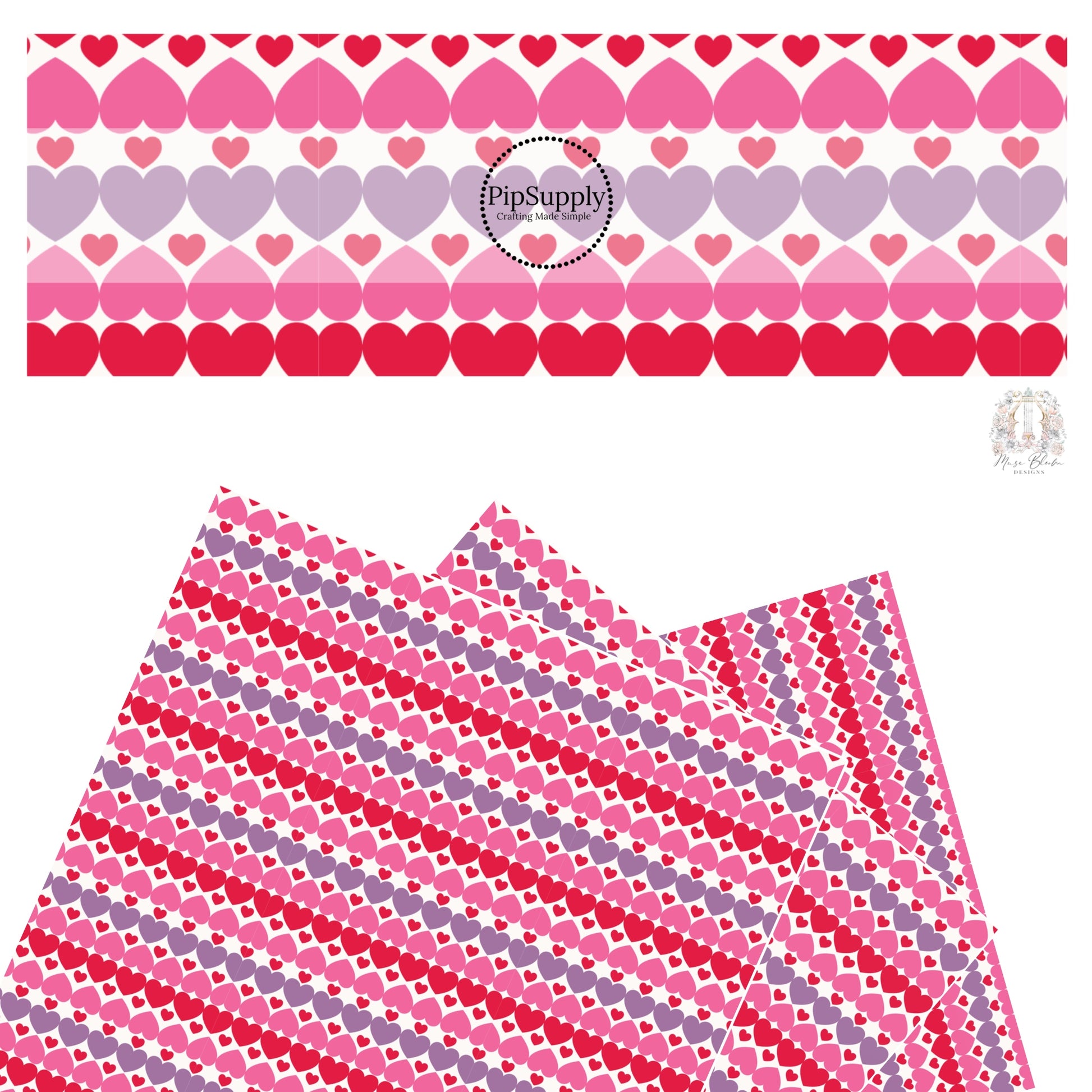 These Valentine's pattern themed faux leather sheets contain the following design elements: rows of red, purple, and pink hearts on white. Our CPSIA compliant faux leather sheets or rolls can be used for all types of crafting projects.
