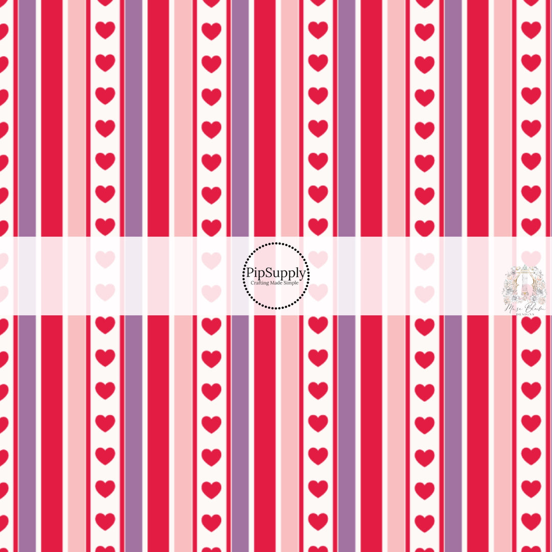 Purple, Pink, and Red Hearts Striped Fabric by the Yard.