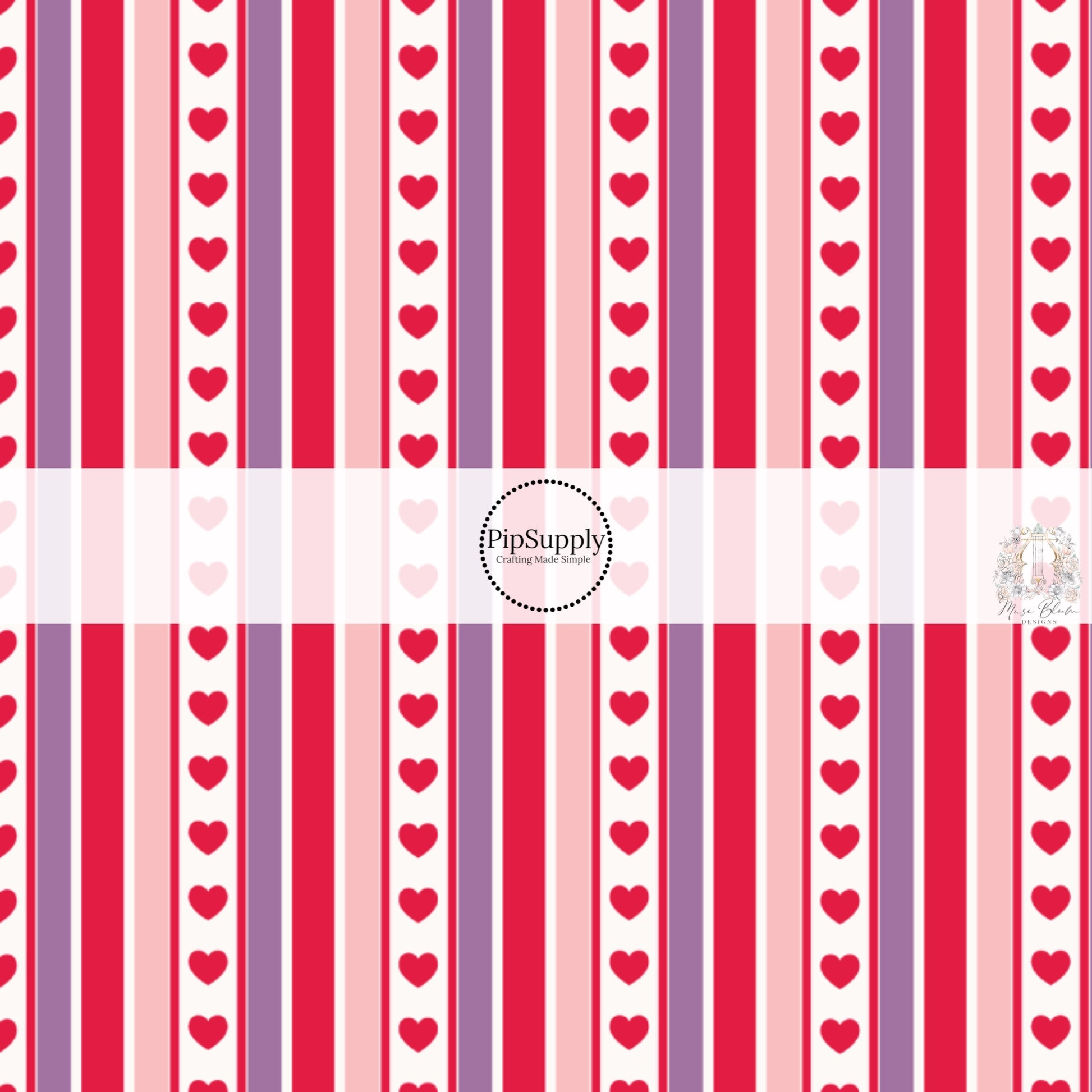 Purple, Pink, and Red Hearts Striped Fabric by the Yard.