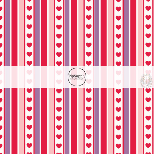 Purple, Pink, and Red Hearts Striped Fabric by the Yard.