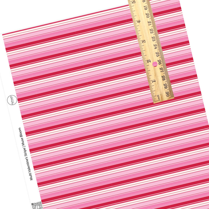 These Valentine's pattern themed faux leather sheets contain the following design elements: rows of red and pink strips on white. Our CPSIA compliant faux leather sheets or rolls can be used for all types of crafting projects.