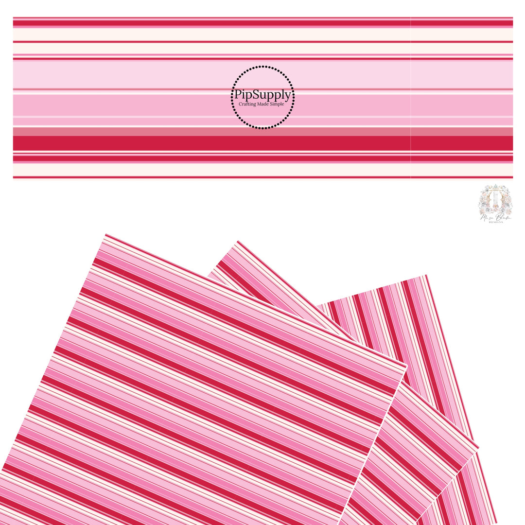 These Valentine's pattern themed faux leather sheets contain the following design elements: rows of red and pink strips on white. Our CPSIA compliant faux leather sheets or rolls can be used for all types of crafting projects.