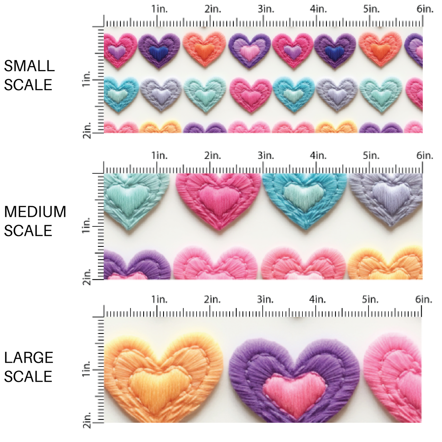 Faux Embroidered Multi-Colored Hearts on White Fabric by the Yard scaled image guide.