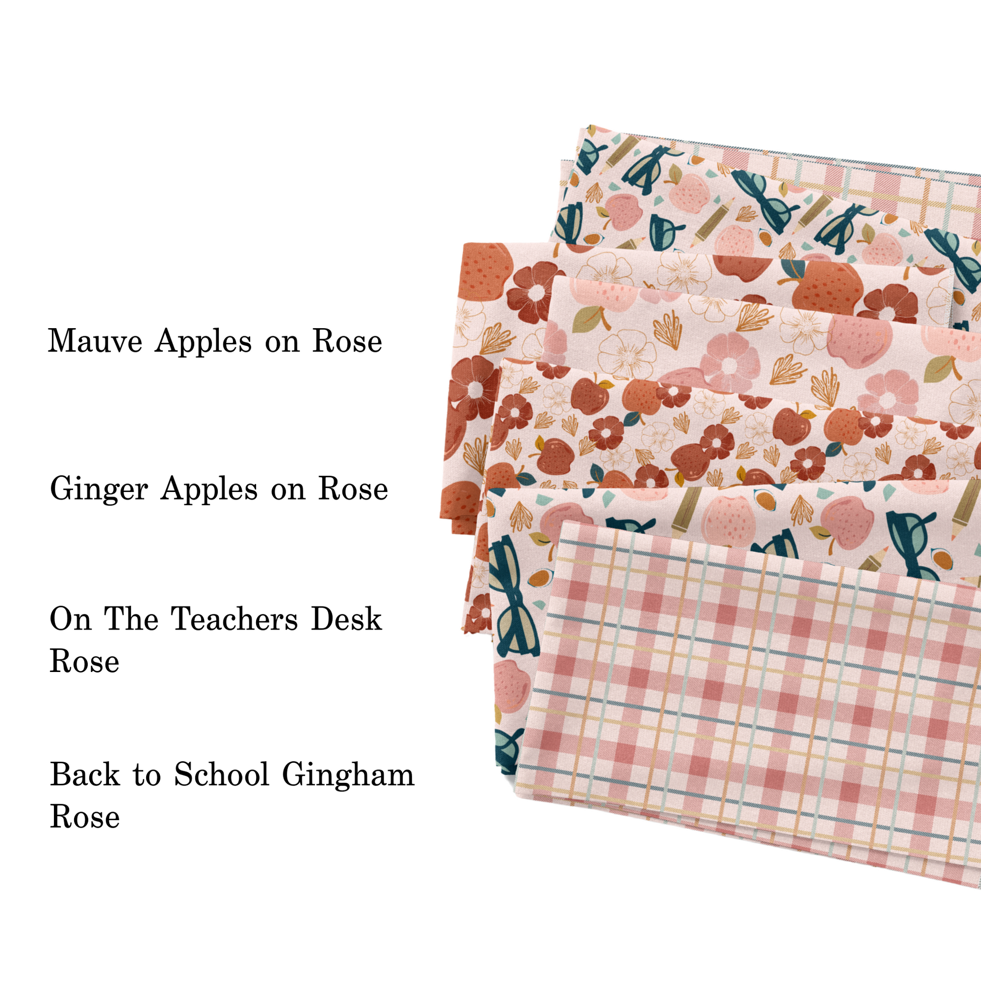 Muse Bloom pink back to school collection fabric swatches.