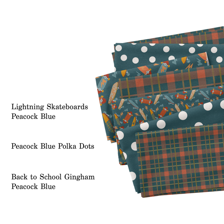 Muse Bloom boy back to school collection fabric swatches.