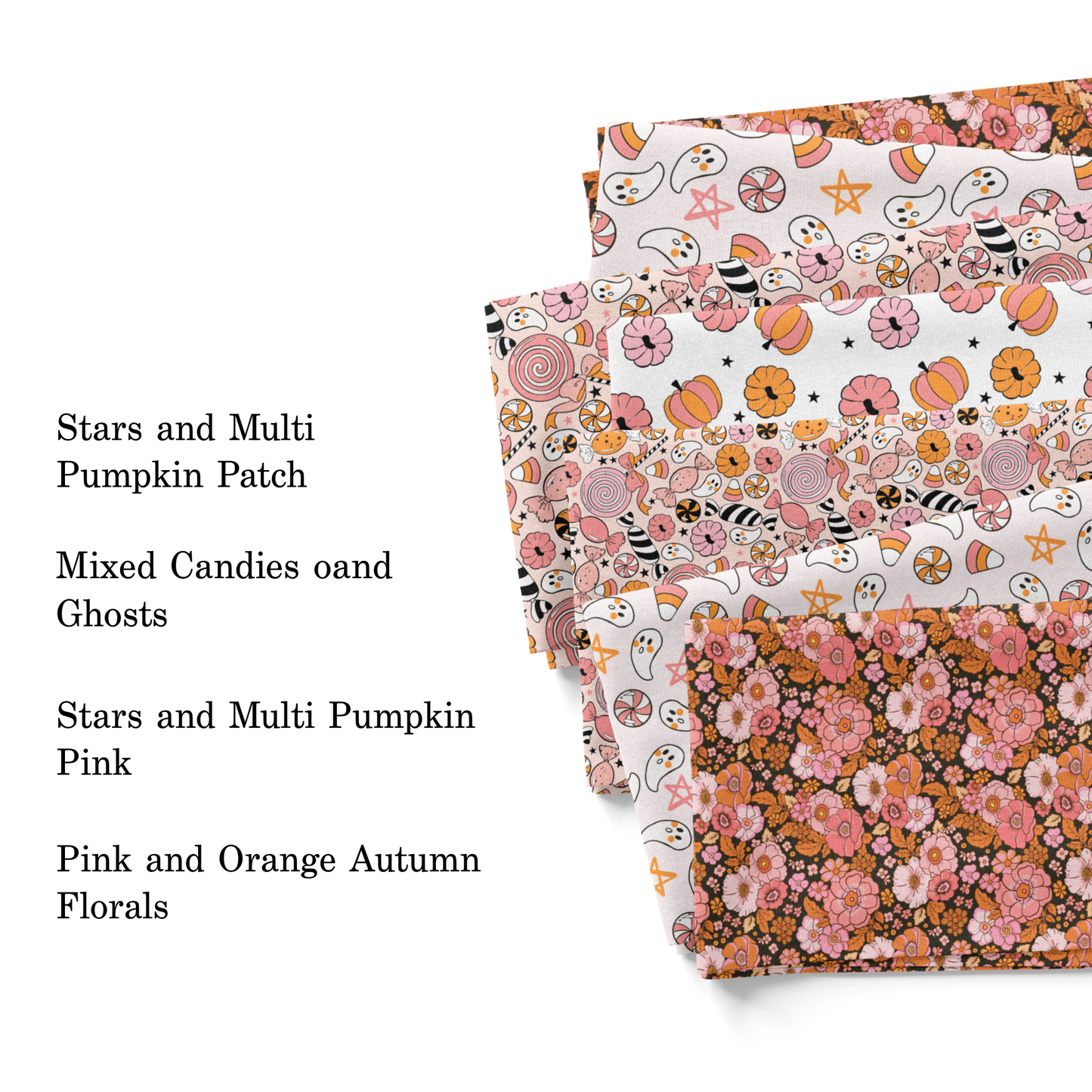 Pink and orange Muse Bloom Halloween themed fabric swatches.