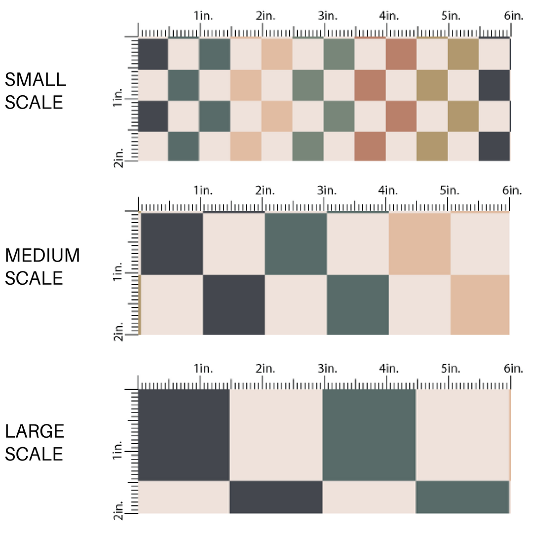 Tan fabric by the yard scaled image guide with blush, navy blue, turquoise, and rust colored checkered print.