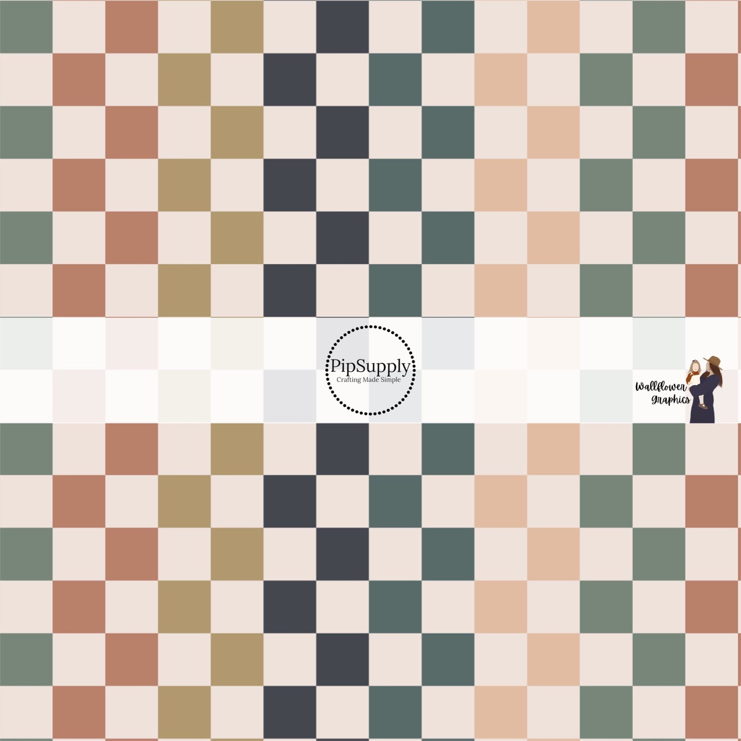 Tan fabric by the yard with blush, navy blue, turquoise, and rust colored checkered print.