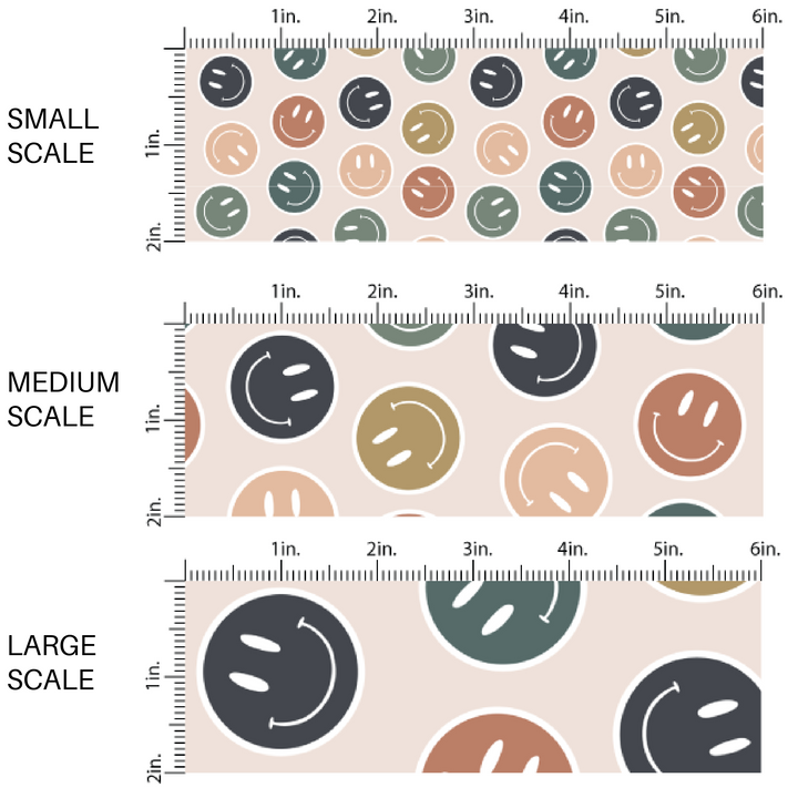Cream fabric by the yard scaled image guide with green, blue, and cream happy faces.