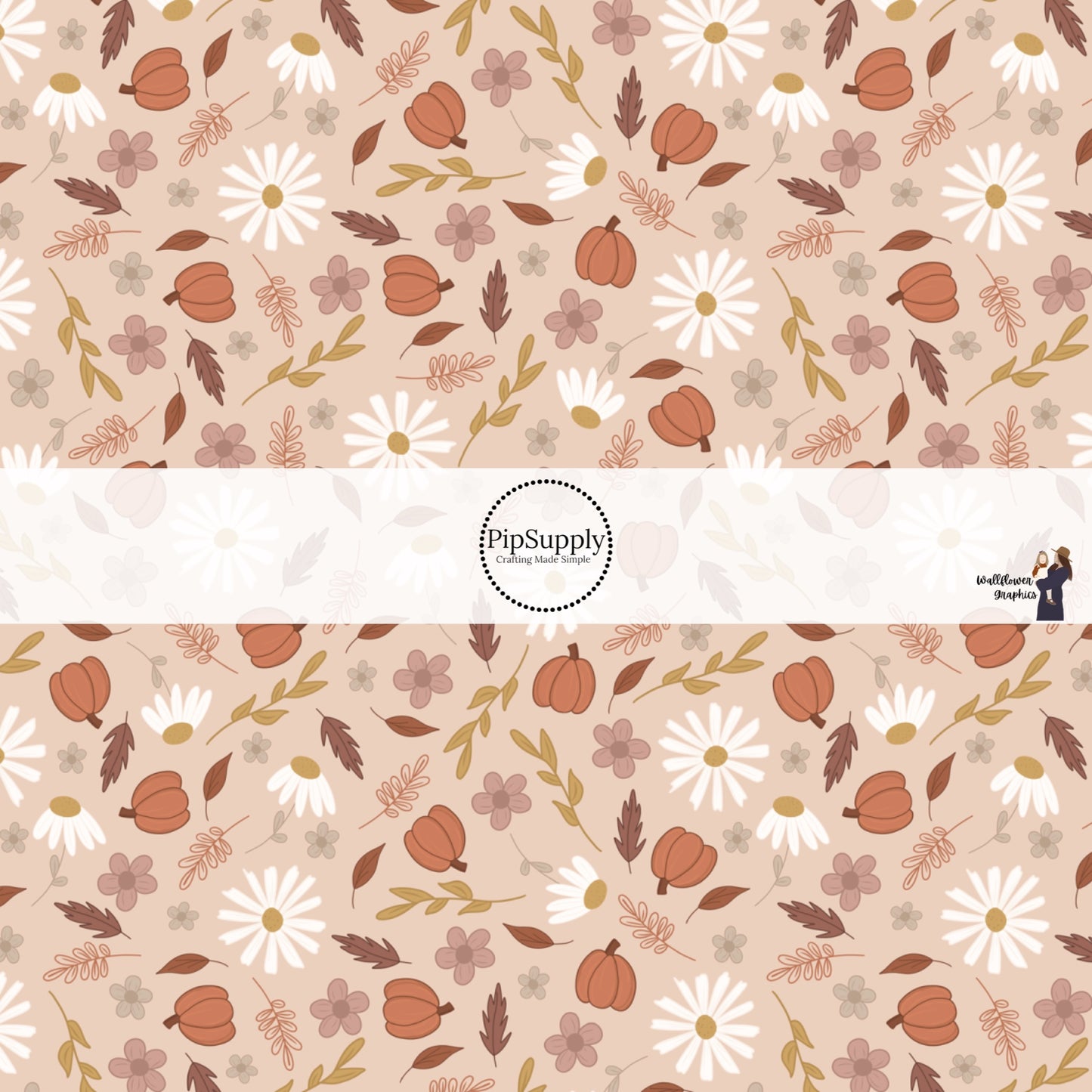 Cream fabric by the yard with mini pumpkins, florals, and leaves.