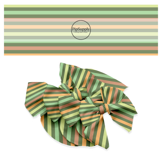 These St. Patrick's Day pattern themed no sew bow strips can be easily tied and attached to a clip for a finished hair bow. These patterned bow strips are great for personal use or to sell. These bow strips features orange, yellow, and light green stripes on green. 
