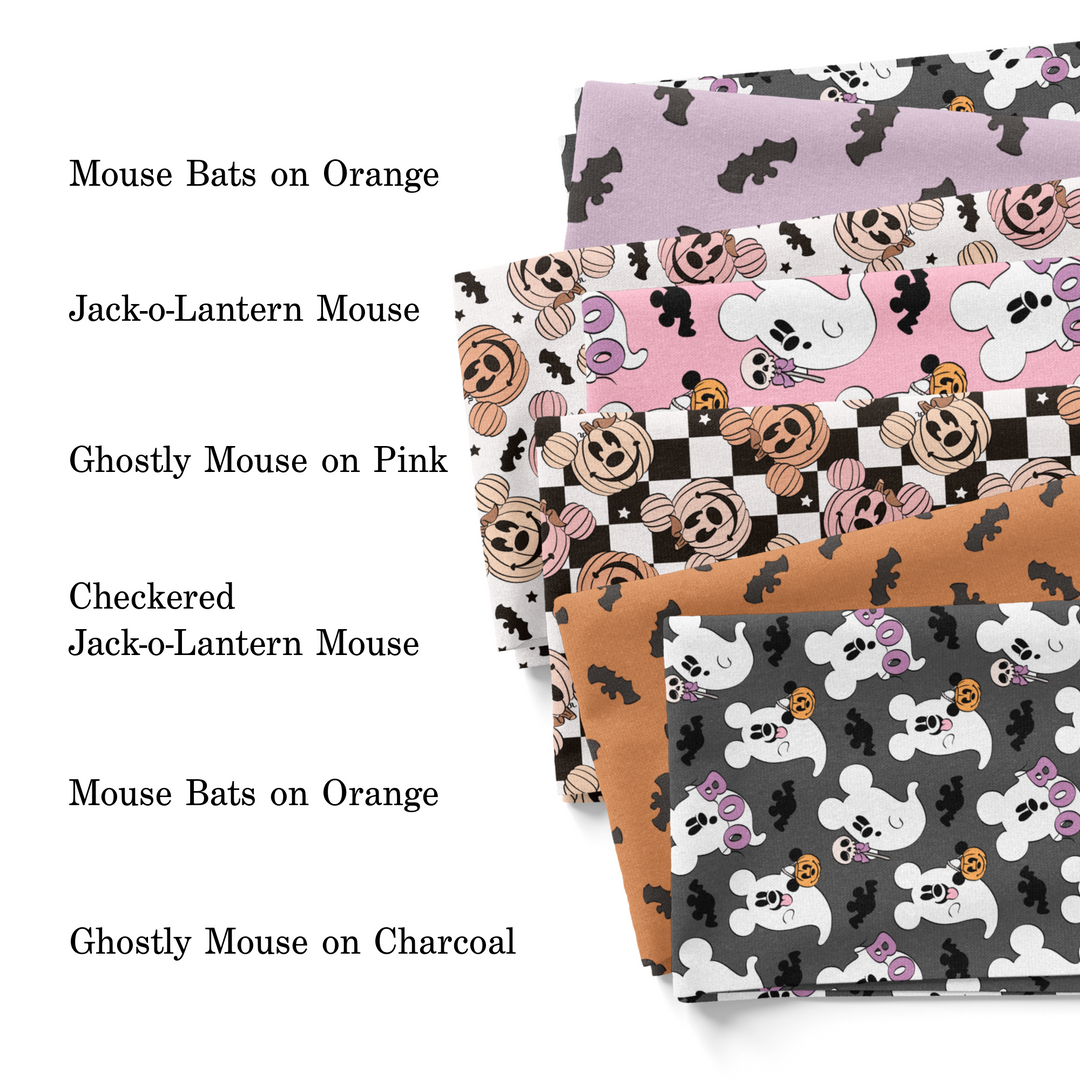 My Darling Creates 2023 Halloween collection fabric swatches - Mouse Bats on Orange.