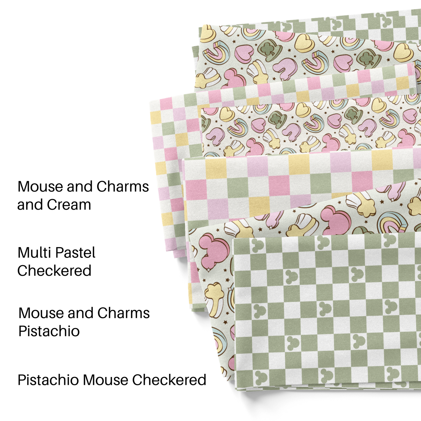 My Darling Creates Pastel St. Patrick's Day Mouse themed fabric by the yard.