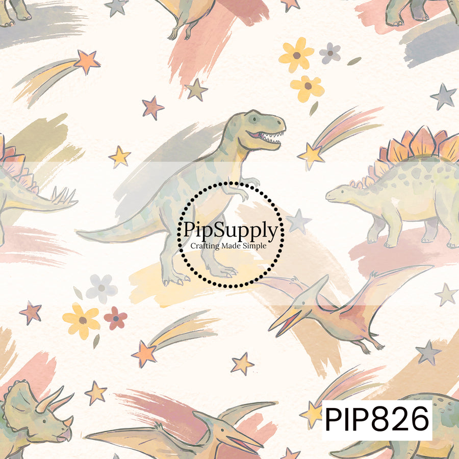 A whimsical watercolor dinosaur design featuring hand-painted T-Rexes, Stegosauruses, Triceratops, and flying Pterosaurs scattered across a soft cream background. The artwork combines muted shades of sage green, dusty blue, blush pink, peach, mustard yellow, and warm taupe, accented with painterly brushstrokes, shooting stars, twinkling stars, and simple floral elements. The vintage-inspired color palette and playful celestial details create a  retro prehistoric theme perfect for adventurous imaginations.
