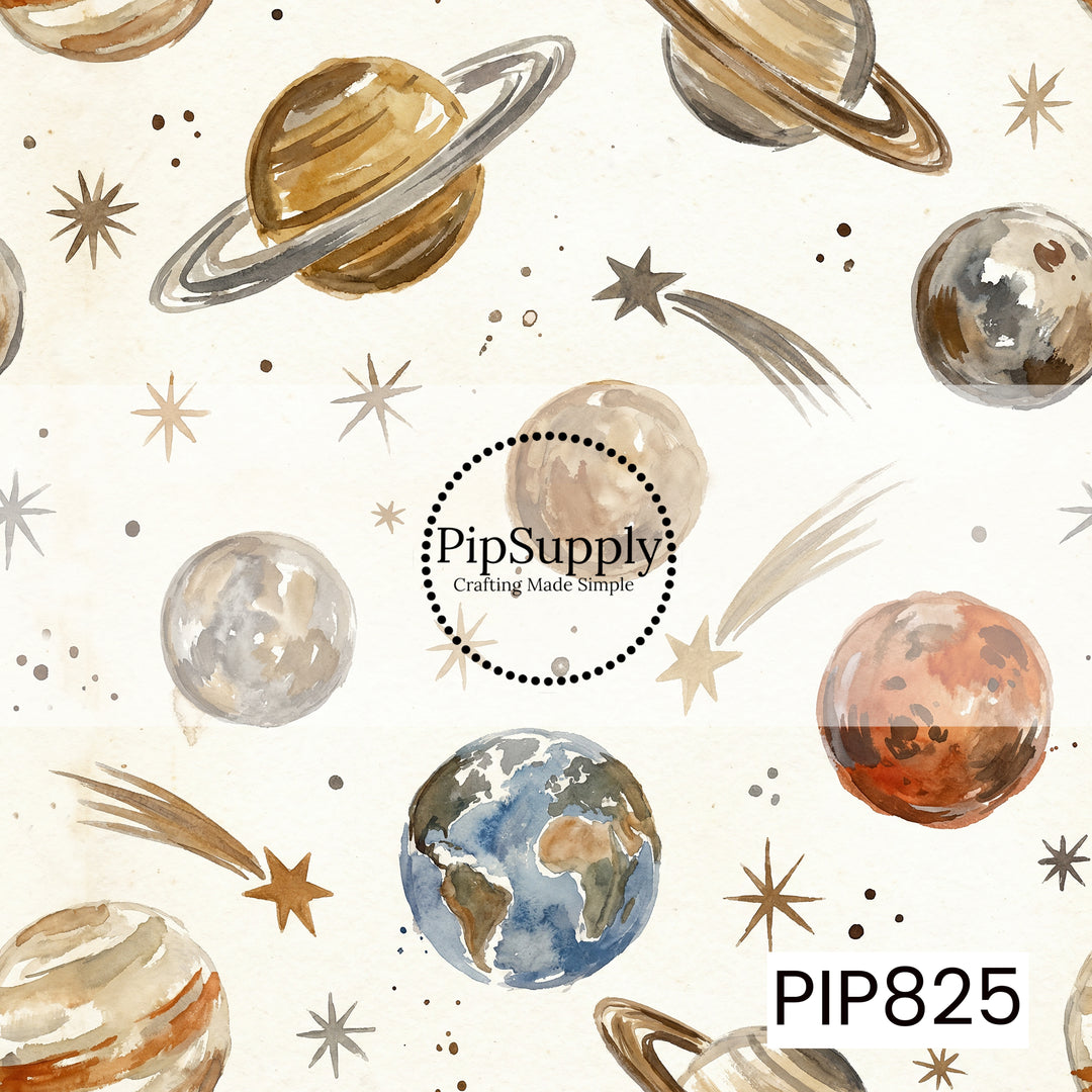 A sophisticated watercolor space-themed design featuring planets, Earth globes, shooting stars, and scattered stars painted in warm neutral tones. The artwork combines shades of beige, taupe, brown, cream, gray, rust, and muted blue on a soft ivory background, creating a calm and modern celestial aesthetic. Delicate watercolor textures and subtle cosmic details give the design a dreamy, earthy feel, perfect for space-inspired creations with a refined neutral palette.
