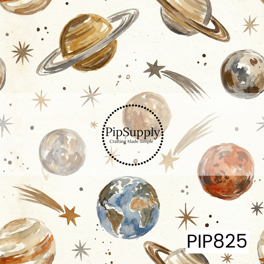 A sophisticated watercolor space-themed design featuring planets, Earth globes, shooting stars, and scattered stars painted in warm neutral tones. The artwork combines shades of beige, taupe, brown, cream, gray, rust, and muted blue on a soft ivory background, creating a calm and modern celestial aesthetic. Delicate watercolor textures and subtle cosmic details give the design a dreamy, earthy feel, perfect for space-inspired creations with a refined neutral palette.
