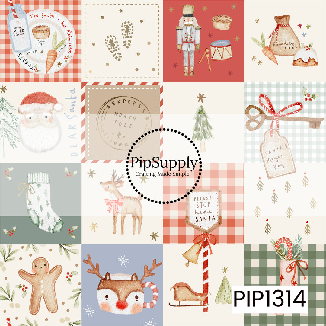 A cozy watercolor Christmas patchwork pattern featuring Santa, reindeer, a nutcracker, gingerbread, stockings, sleighs, Christmas trees, candy canes, Santa’s magic key, and North Pole-inspired details. Soft gingham checks and muted shades of red, sage green, cream, tan, and dusty blue give the design a sweet vintage holiday feel.